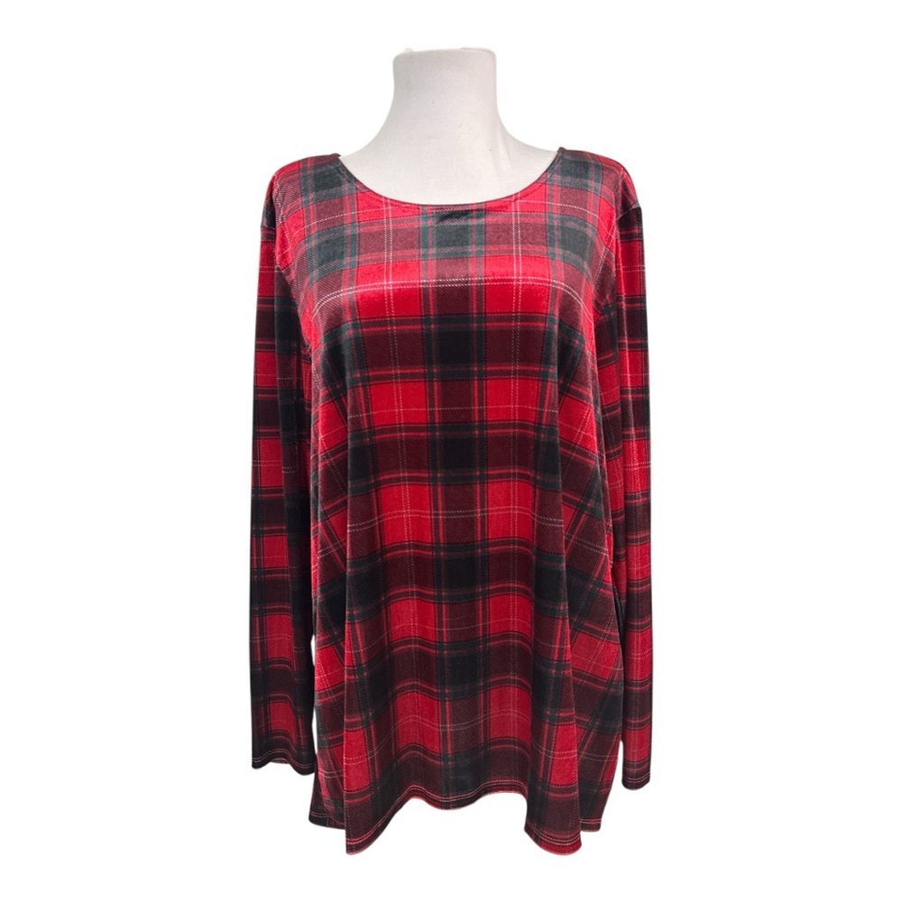 Intro Women's Petite XL PXL Pullover Top Blouse Christmas Plaid Holiday Velour